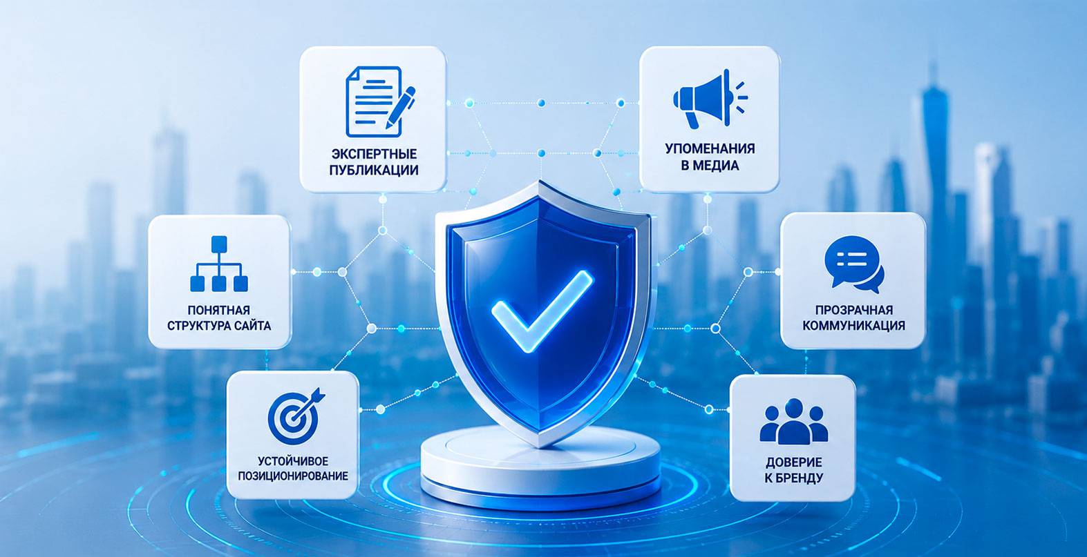 Инфографика о цифровом доверии бренда для AI-поиска. В центре расположен синий защитный щит с галочкой как символ доверия. Вокруг него размещены шесть взаимосвязанных элементов: экспертные публикации, упоминания в медиа, прозрачная коммуникация, доверие к бренду, устойчивое позиционирование и понятная структура сайта. На фоне — размытый современный городской пейзаж и технологичная сеть соединений в сине-белой цветовой гамме.