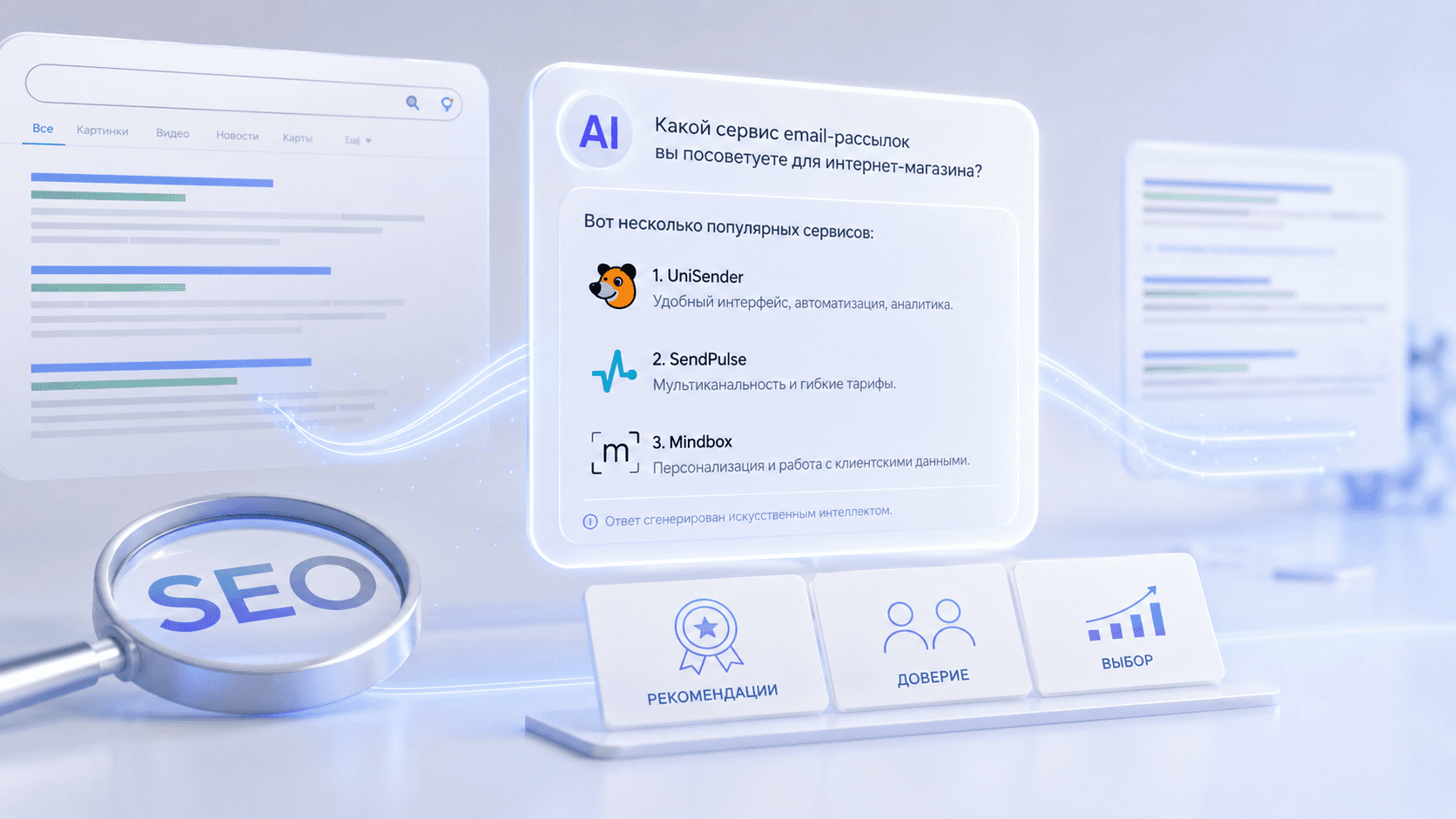 Иллюстрация перехода от поисковой выдачи к ответам искусственного интеллекта с рекомендациями брендов